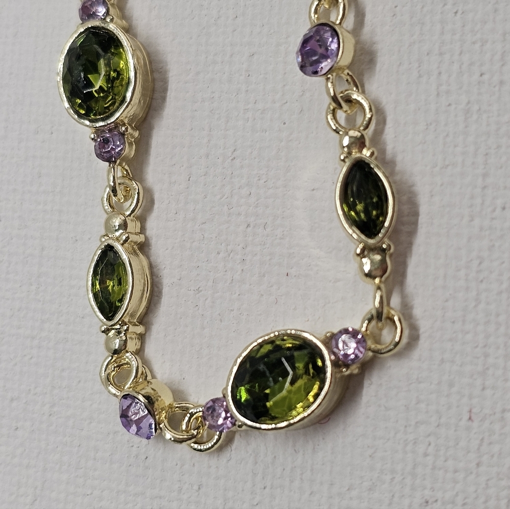 Vintage Style Green & Purple CZ Gold Tone Fashion Bracelet - Picture 7 of 11